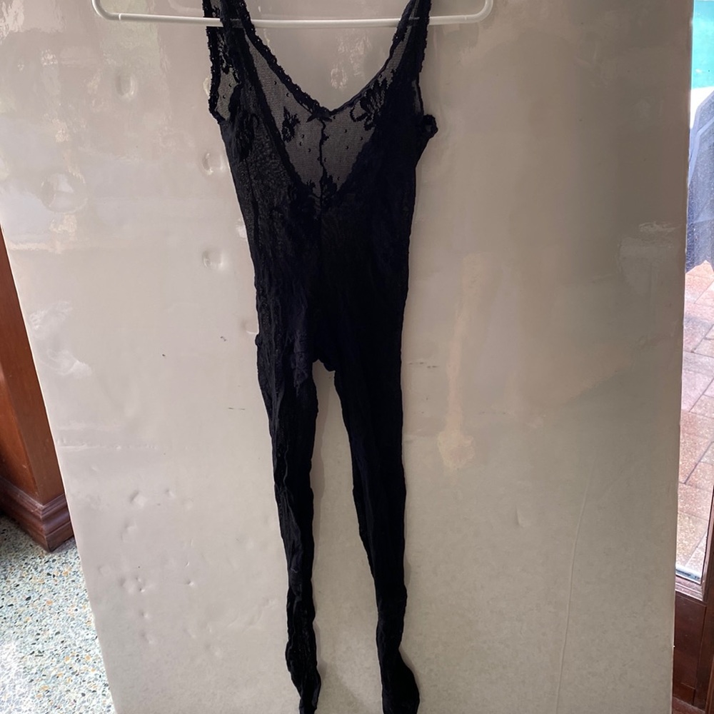 Sheer black lace bodysuit, open crotch, enclosed feet, size medium Valentine Day